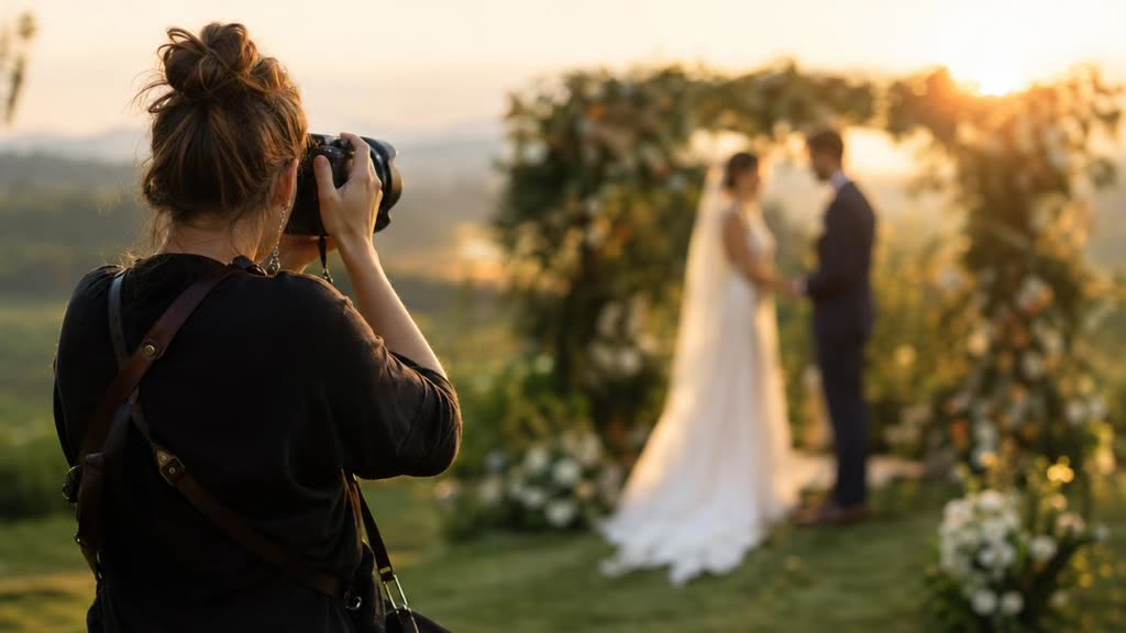 A wedding photographer photographing a couple under a floral arch at sunset