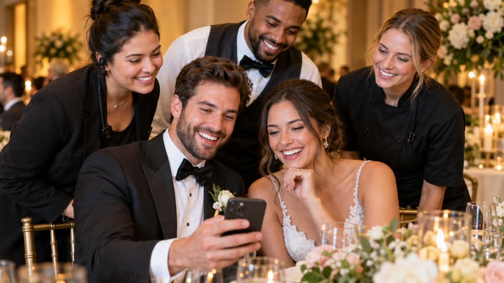 A smiling couple looking at a phone with the vendor team at their wedding reception