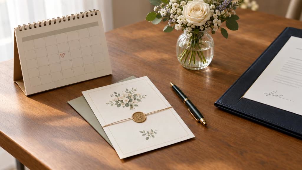 A desk calendar, a sealed wedding invitation, a pen and an agreement folder