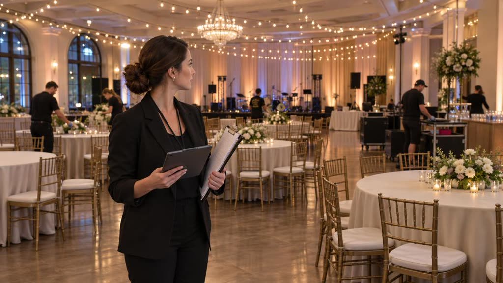 An event coordinator with a tablet and clipboard in a banquet hall being prepared for a reception