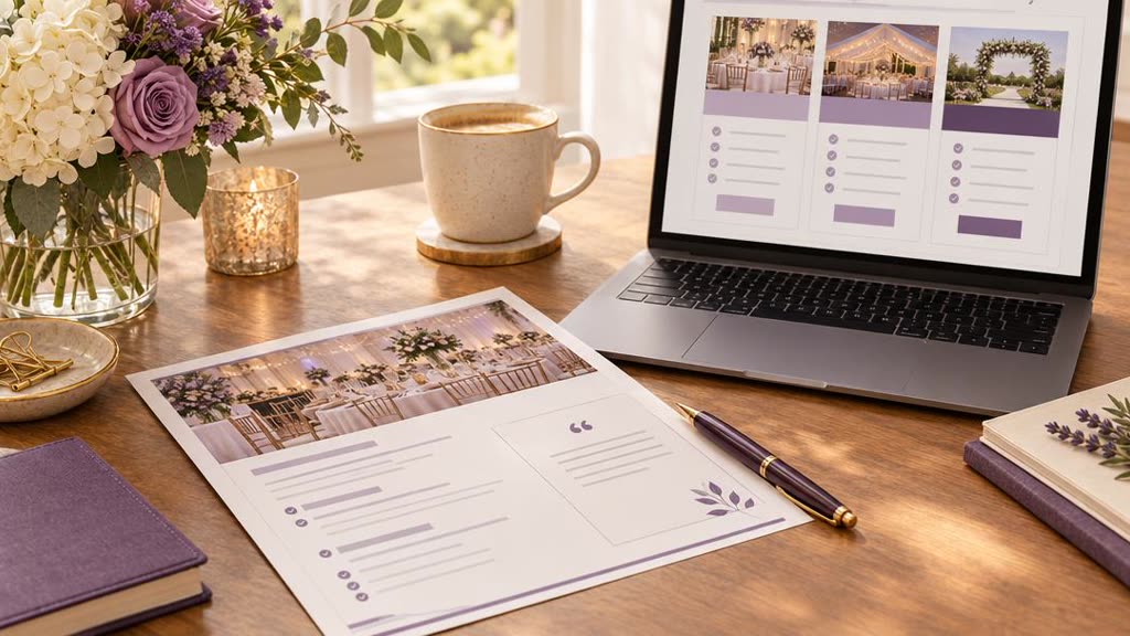 A printed event quote beside a laptop showing package options, a pen, flowers and a coffee cup on a wooden desk