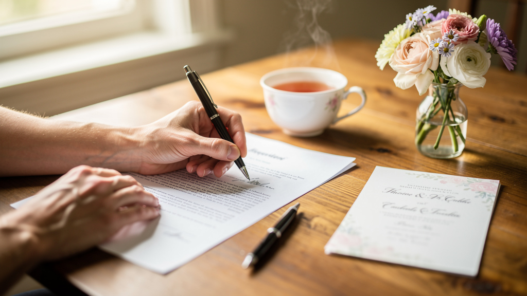Hands signing an event agreement beside a pen, tea and a small bouquet