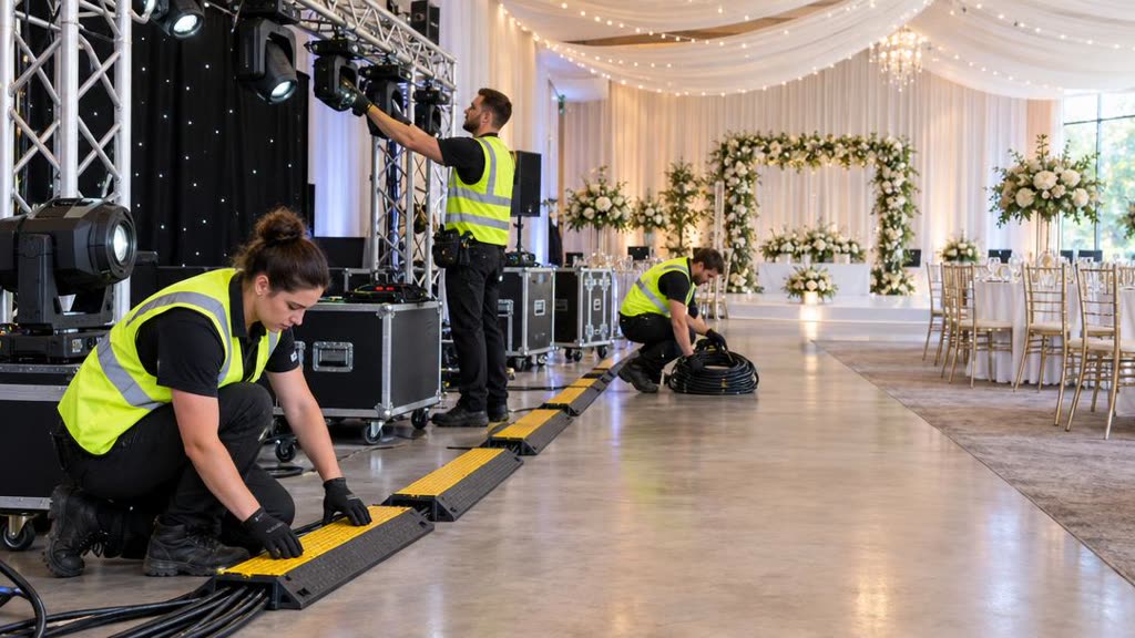 Event crew in hi-vis vests securing cables and lighting equipment in a venue before guests arrive