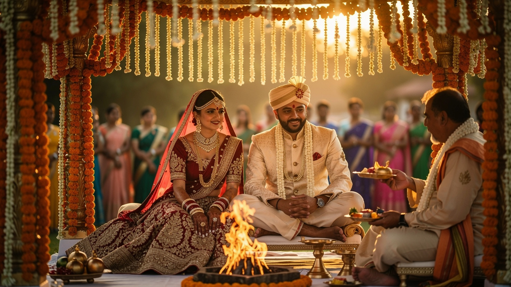 A bride and groom seated beside the sacred fire under a marigold mandap with a priest and guests