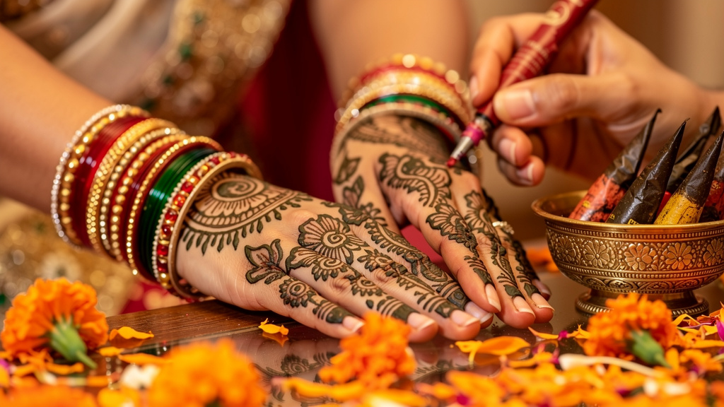 Intricate henna mehndi designs being applied to a bride's hands, with bangles and marigold petals