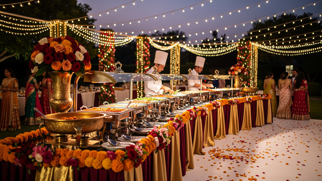 An evening wedding reception with a long buffet of live food counters, marigold decor and fairy lights