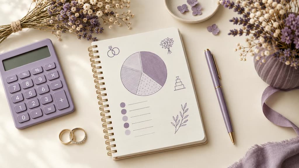 A wedding budget notebook with a pie chart, a calculator, two rings and dried flowers