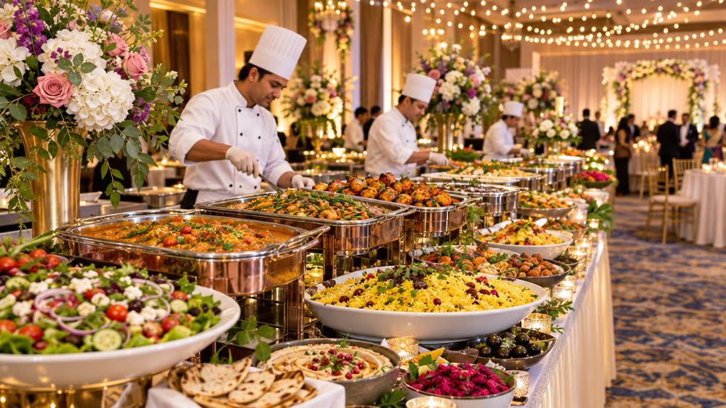 A wedding buffet with colourful dishes and chefs in white uniforms under string lights