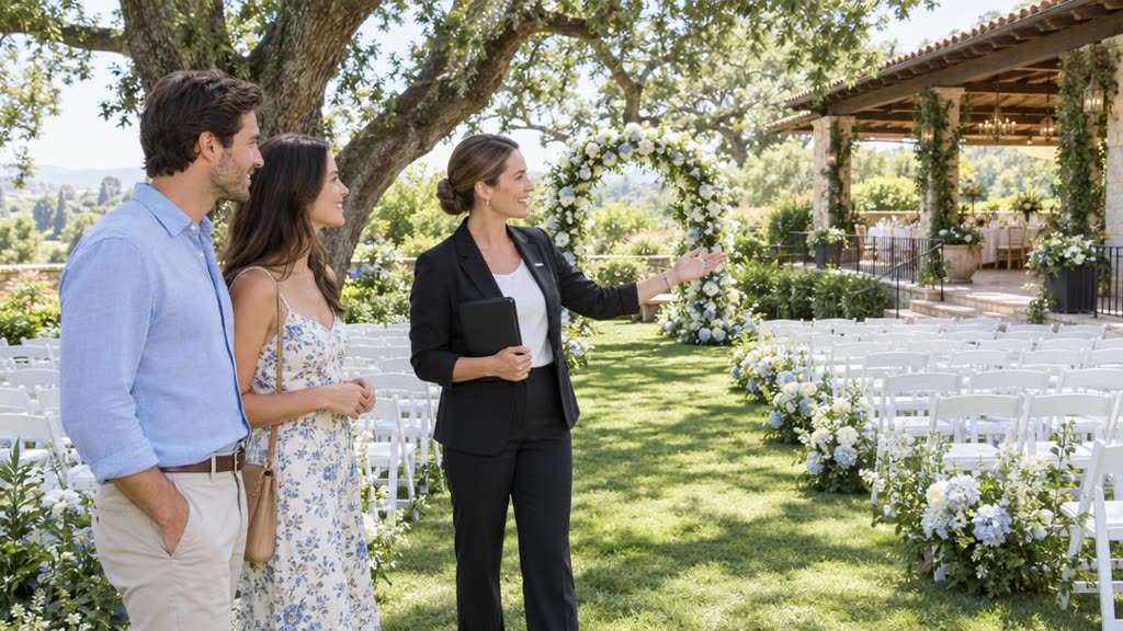 A couple touring a garden wedding venue with a venue manager beside rows of white chairs